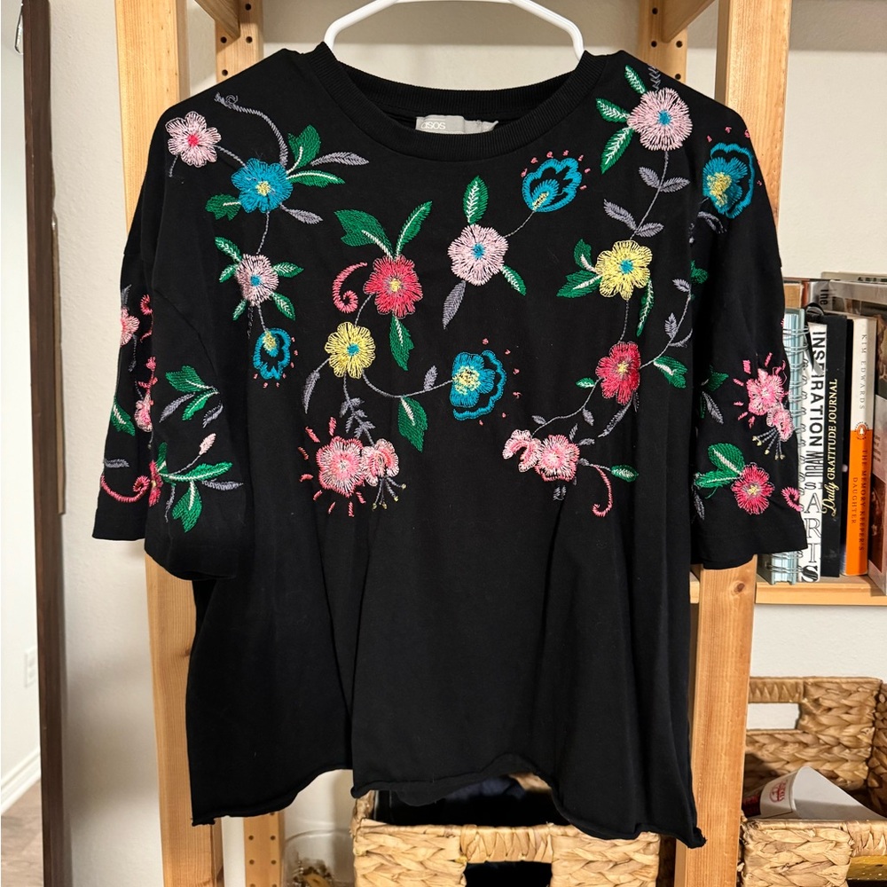 ASOS black drop shoulder cropped embroidered tee